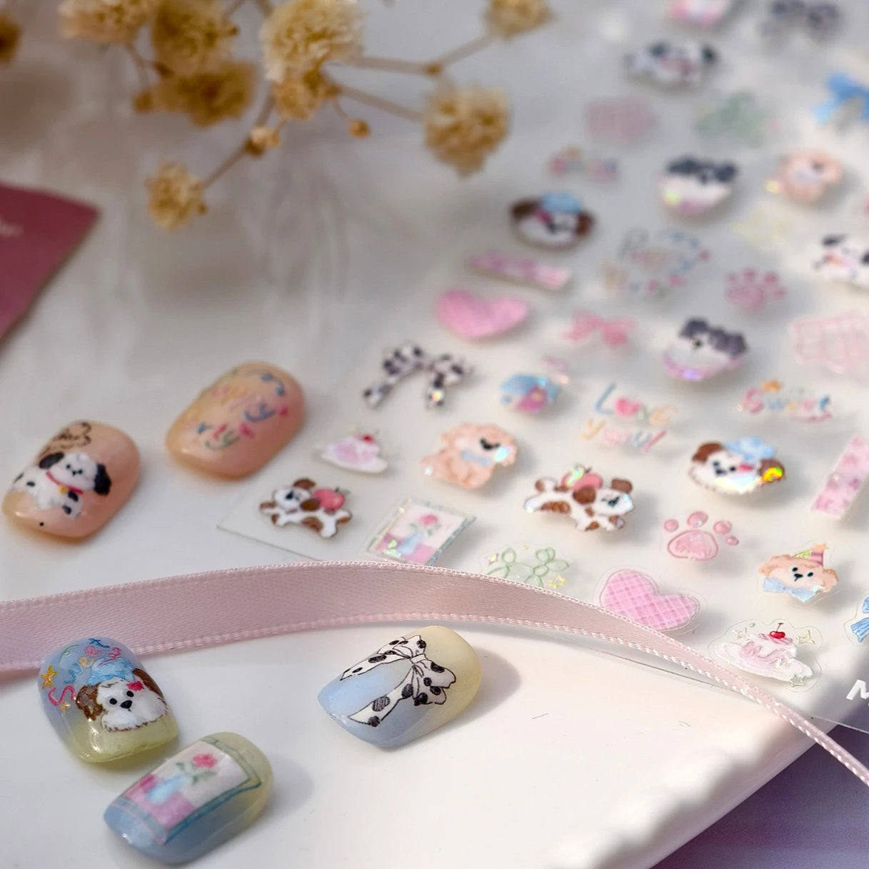Mignon chiot coeur nœud papillon chien étoiles chat griffe imprimer fleurs champignon nuage fraise pomme lapin horloge Nail Art autocollants décalcomanies