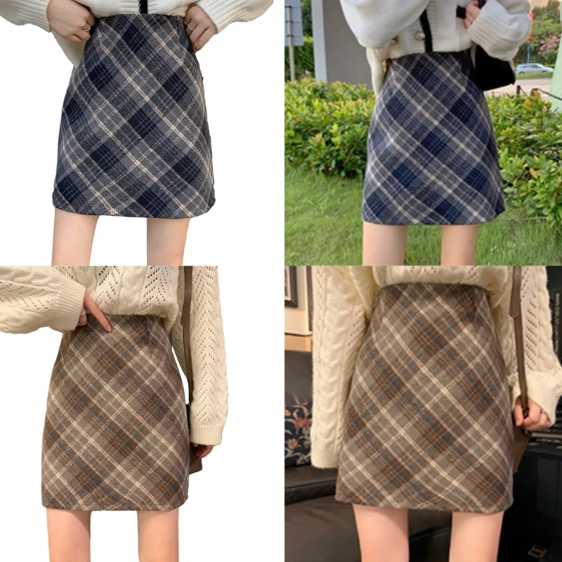 

Womens High Waist Plaids Skirt Wool Bodycon Mini Skirt Fall Winter Pencil Skirts Casual Short A Line Skirt Streetwear