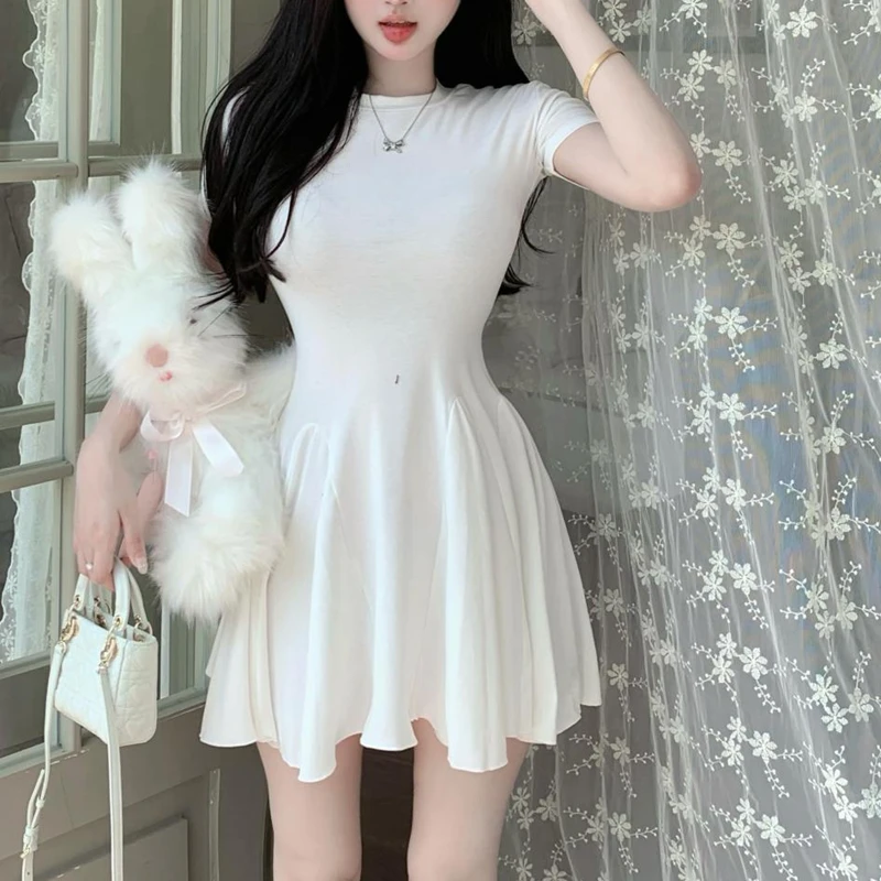 Summer White Mini Dress Women's Casual Short Sleeve Vestidos Y2k Clothes Korean Oversized Sexy Ladies A Line Pleated Dresses