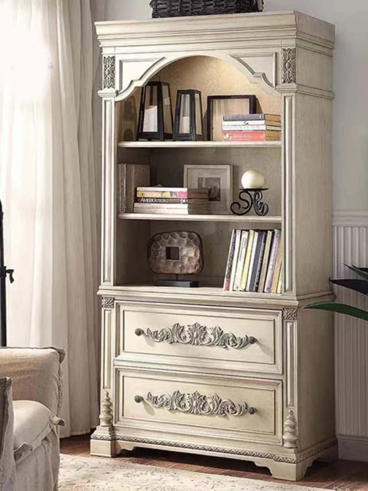 American retro bookcase solid wood European carved living room bookshelf old display rack French light luxury modern