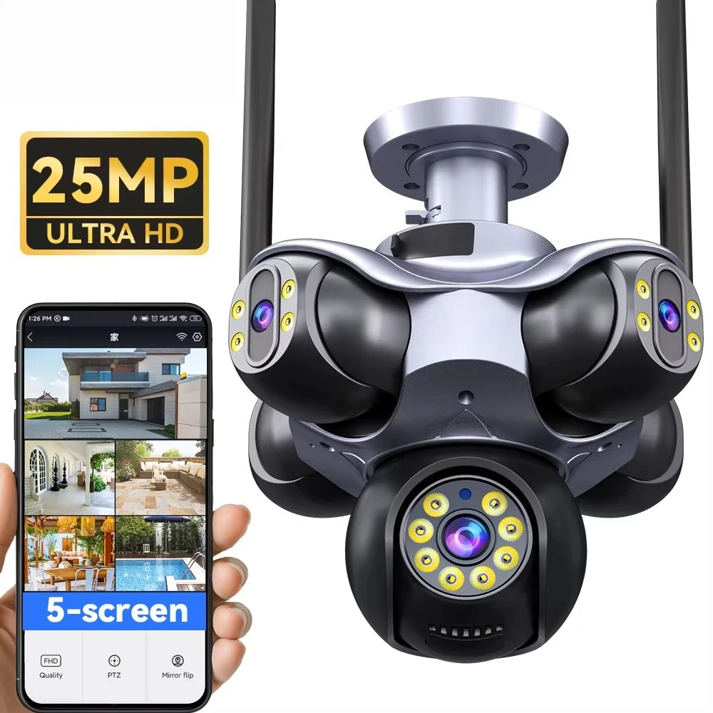 5 Lenses WiFi Home Security Cctv Camera with 25MP Night Vision Motion Detection Wide Angle PTZ Camera Surveillance Camera