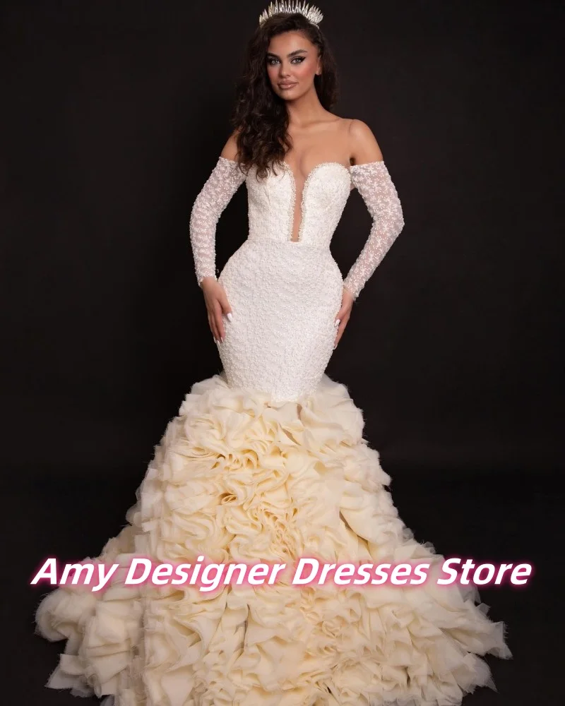Customized Arabic Females Luxurious Off The Shoulder Wedding Dresses With Multi-Layered Ruffles Long Mermaid Bride Gowns 2025