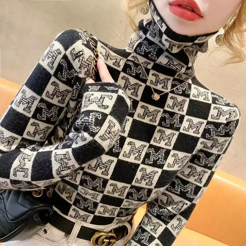 Women Comfortable Soft Pullovers Autumn Winter Fashion Y2k Letter Jacquard Sweaters Slim Turtleneck Knitted Jumper