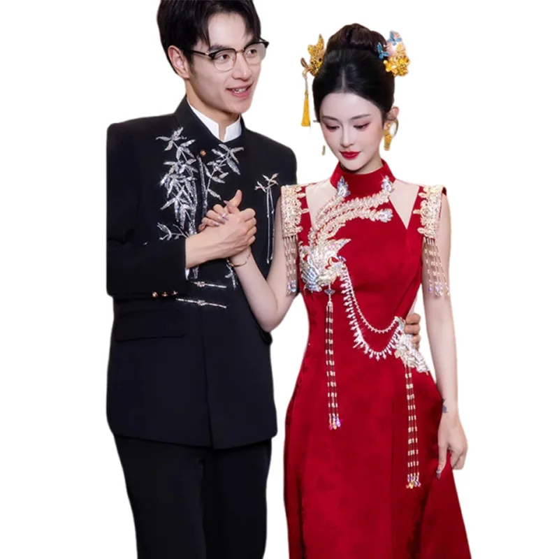 Women's Satin Cheongsam Beading Tassels Qipao Chinese Style Sequins Wedding Dress Oriental Clothing Vestido