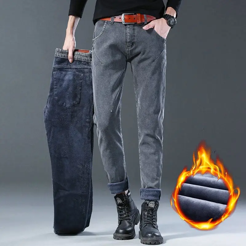 

Men's Thickened Windproof Straight Trousers Fashion Male Business Daily Slim Fit Streetwear Denim Pants Classic Gray Trousers