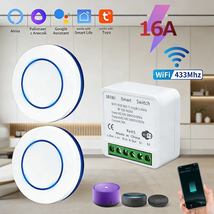 Tuya WiFi Smart Switch 16A 100-240V Relay 433MHz Mini Round 