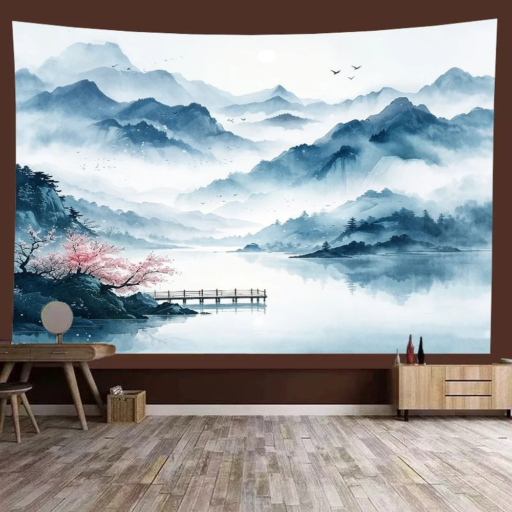 VIKAMA Chinese Landscape Tapestry - Blue Pagoda Mountain Waterfall Wall Hanging for Living Room Dining Area Zen Decor