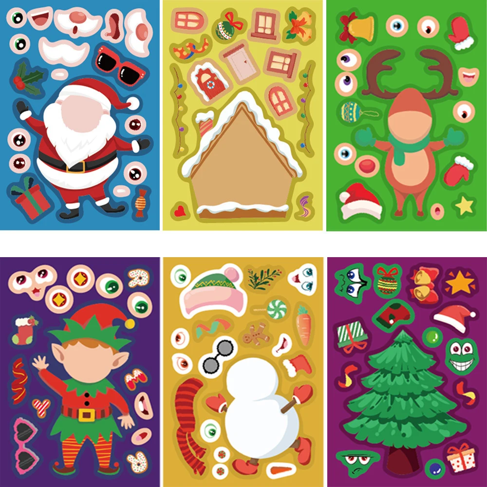 8/16Sheets Cute Christmas Santa Claus DIY Make a Face Puzzle Stickers Games Children Cartoon Funny Assemble Jigsaw Decal Kid Toy