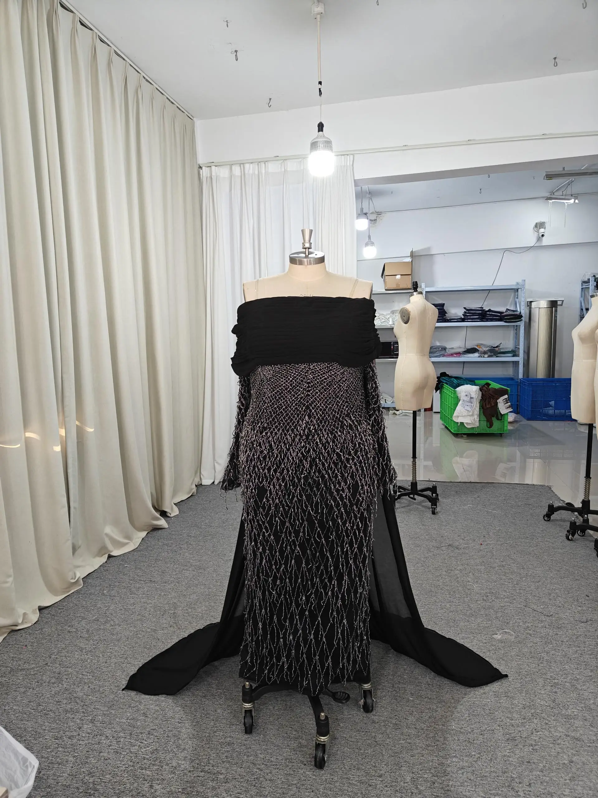 Flechazo Black Straight Evening Dress Boat Neck Off the Shoulder Long Sleeve with Beading Lace Ankle Length Pleat Custom Gown