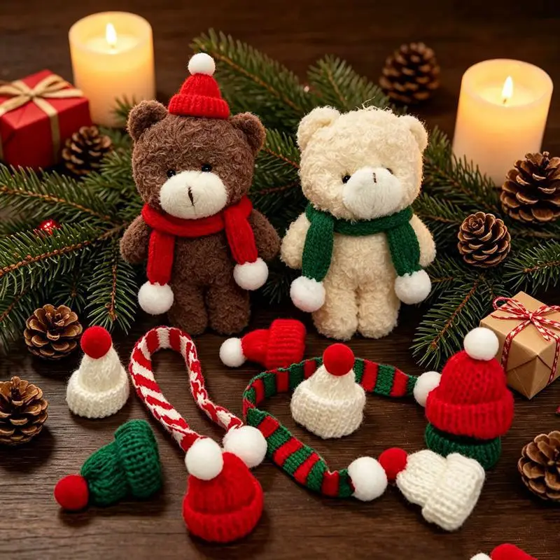 10 Stück Mini Gestrickte Weihnachtsmützen Schal Weihnachtsdekoration Ornamente Weinflaschen-Bären-Puppe Geschenkverpackung DIY Weihnachtsfeier-Dekoration