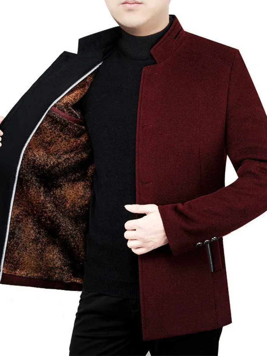 

Men's Woolen Jaet Thiened Fce Lined Casual Stand Collar Coat Winter Busin Wear Stand Fit Breathable Outerwear