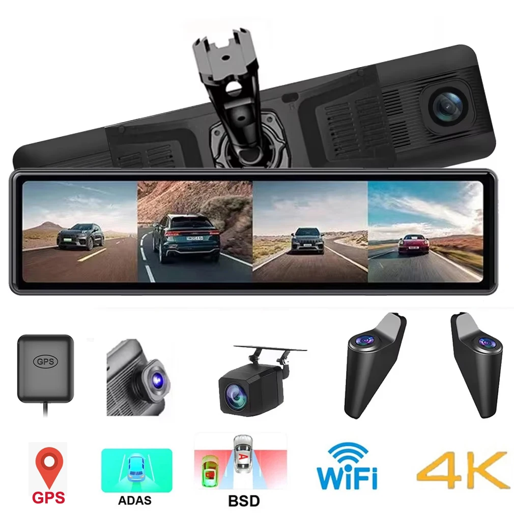 Câmera de Espelho Retrovisor de 12'' com Streaming de 4 Canais, GPS, Detecção de Ponto Cego BSD, Lente Frontal 4K + Assistência de Ré FHD1080Px3