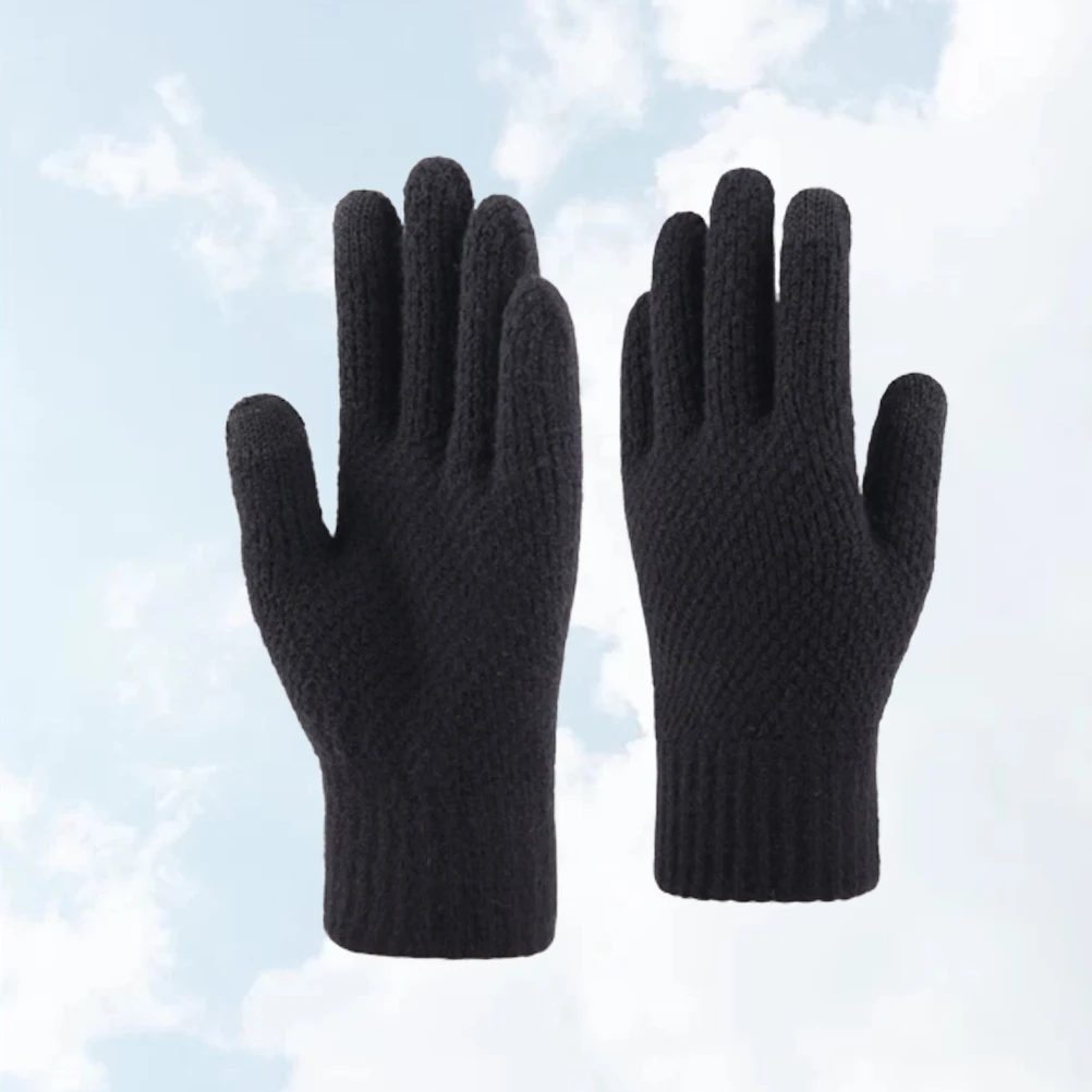 

1 Pair Of Men'S Thicken Touch Screen Gloves Winter Windproof Warm Knitted Finger Gloves Washable For Outdoor Black