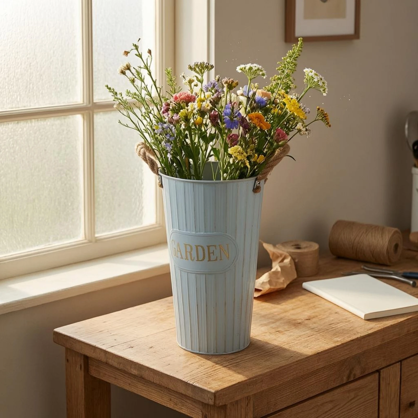 Flower Pail Light Blue Garden Pail Rustic Tin Pail Rope Handles Farmhouse Flower Pot Ribbed Sides
