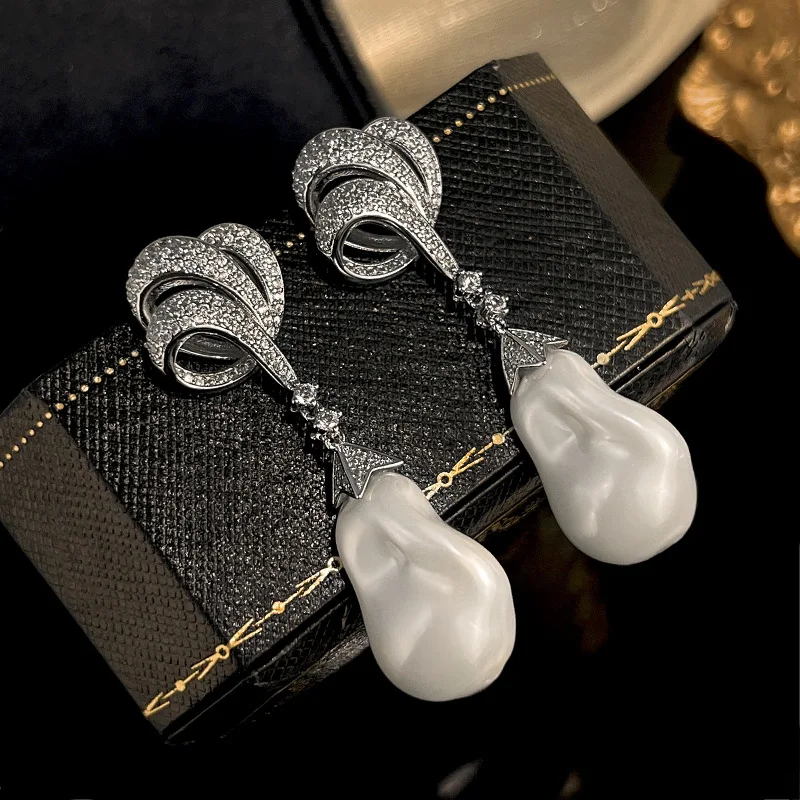 

Роскошные женские ювелирные изделия с родиевым покрытием, серебряные серьги-иглы с цирконом, имитация белого барокко, серьги-капли на свадьбу