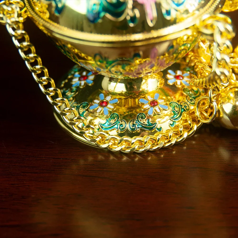 HTISOK Ostorthodoxes Kirchen-Räuchergefäß mit Glocken, vergoldeter Weihrauchofen mit Emaille für religiöse Rituale, hängendes Kirchen-Räuchergefäß – Detail 3