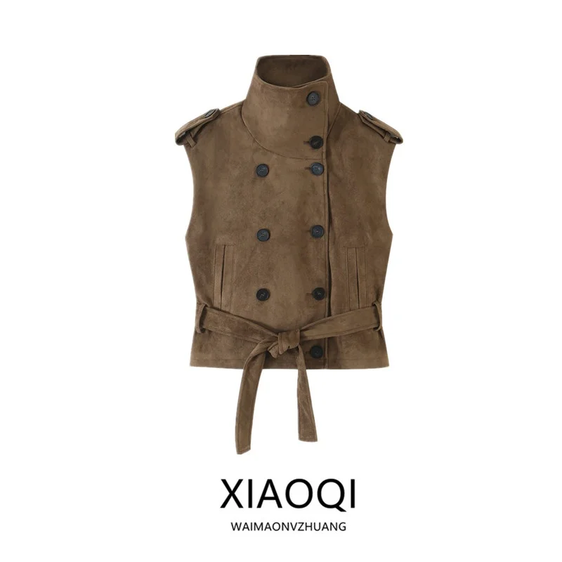 Autumn 2026 Women's Fashion Stand Collar Vest Belted Versatile Texture Effect 6318262 Loose Fit Outerwear No Chest Pad