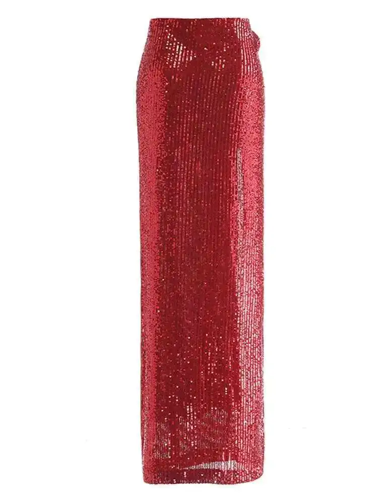 High Elastic Waist Red Sequins Flower Slit Elegant Long Half-body Skirt Women Fashion Tide New Spring Autumn