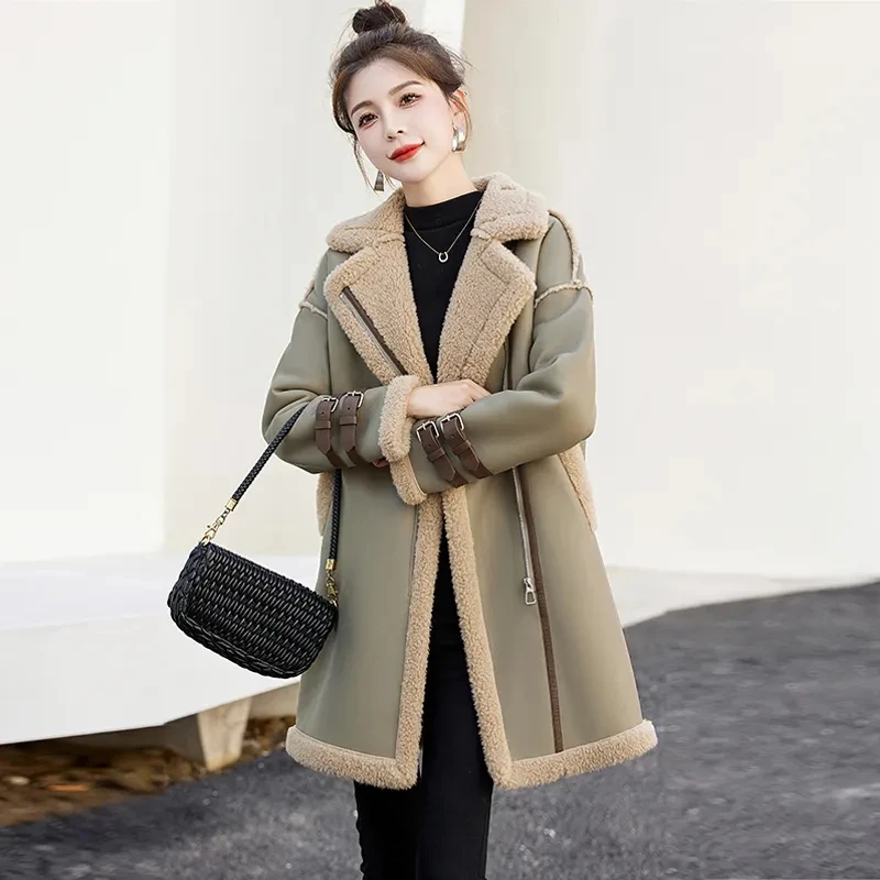 Stitching Fur One Jacket Women Overcoat 2024 Winter New length Loose Thick Warm Parker Coat Imitation Lamb Leather Trenchcoat