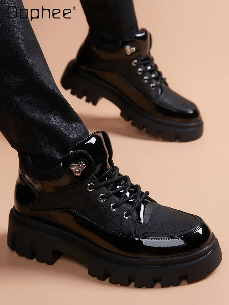 

2025 Autumn Winter New Men's Thick-Soled Short Black Work Boots British Style Genuine Leather Height-Increasing Men's Boots