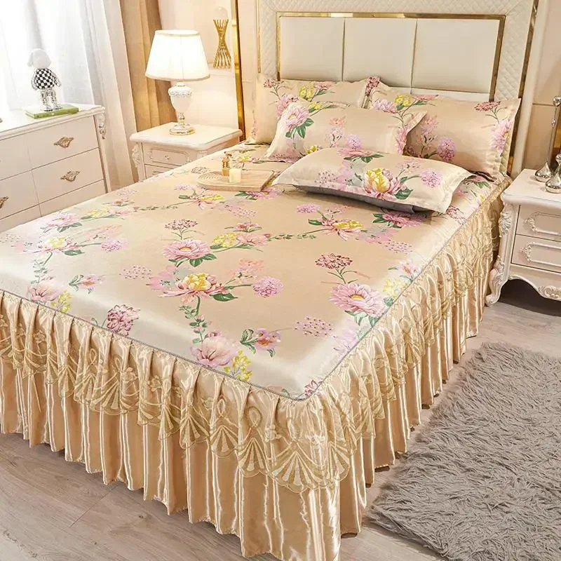 3Pcs/Lot Double Bed Sheet Set Classic Lace Royal Blue Bed Sheet Bed Skirt, Machine Washable Wedding Bedspread Mattress Cover