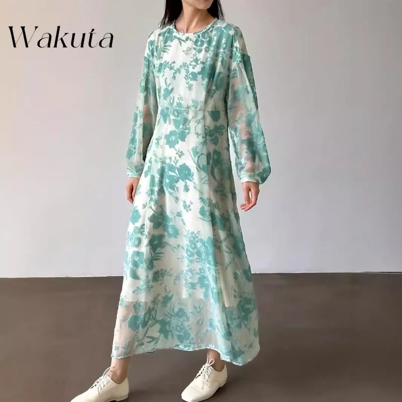 

WAKUTA Japanese Harajuku Gentle Round Neck Long Sleeve Printed Velvet Dresses Harajuku Loose Slimming Temperament Bodycon Dress