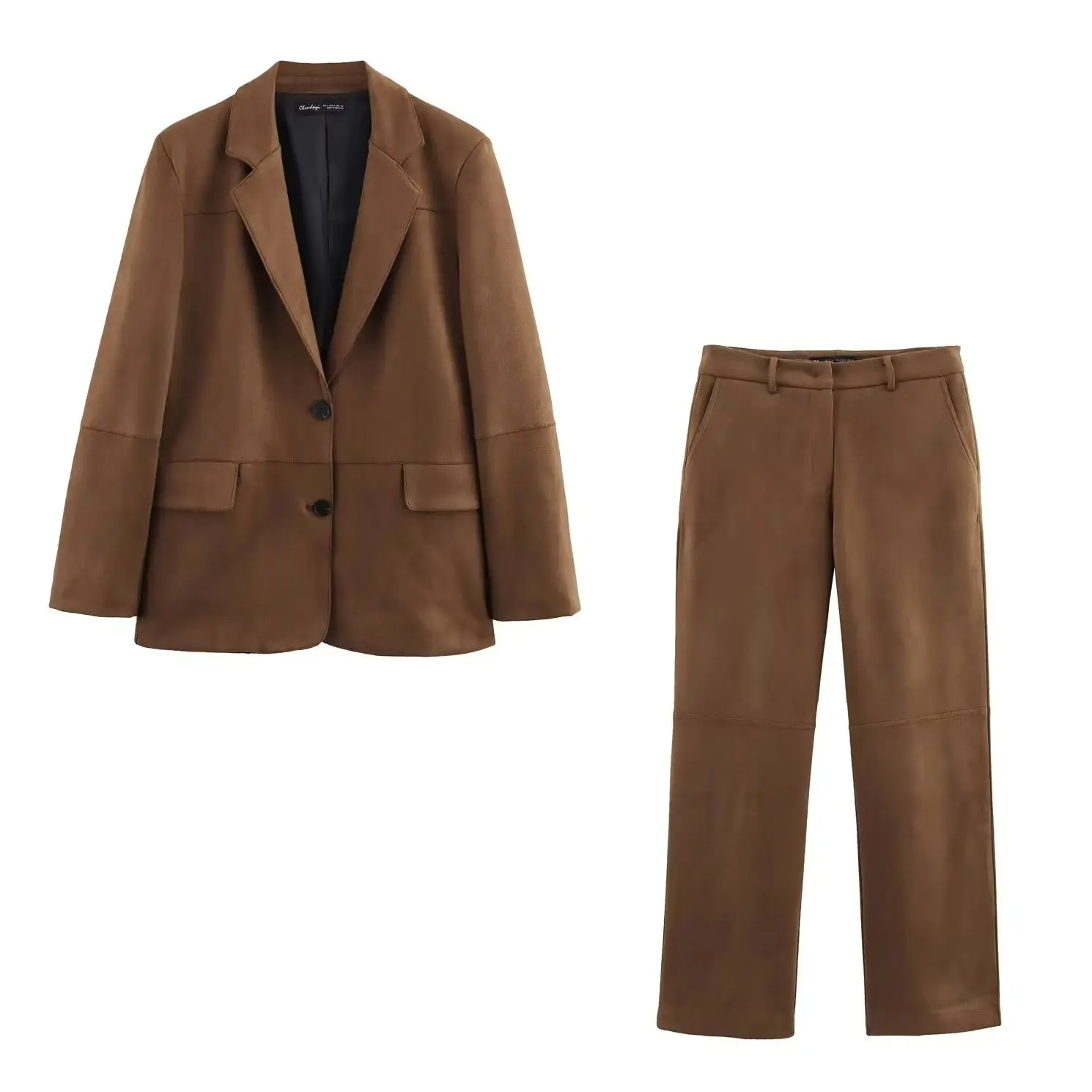 

KONDALA 2023, весенние замшевые офисные женские однотонные костюмы, однобортные прямые пиджаки + карманы на молнии, длинные брюки, модный костюм Wonem