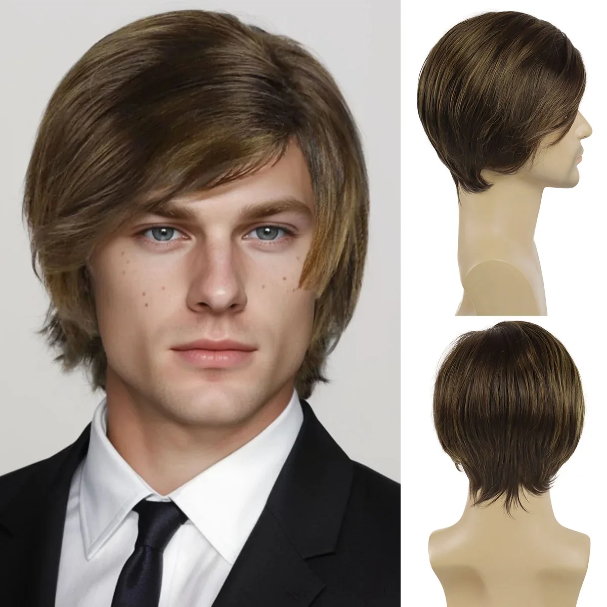 Synthetic Short Male Wig with Bangs Straight Hair Brown Wigs for Men Guys Asian Thick Short Wigs for Father Older Man Wig Casual