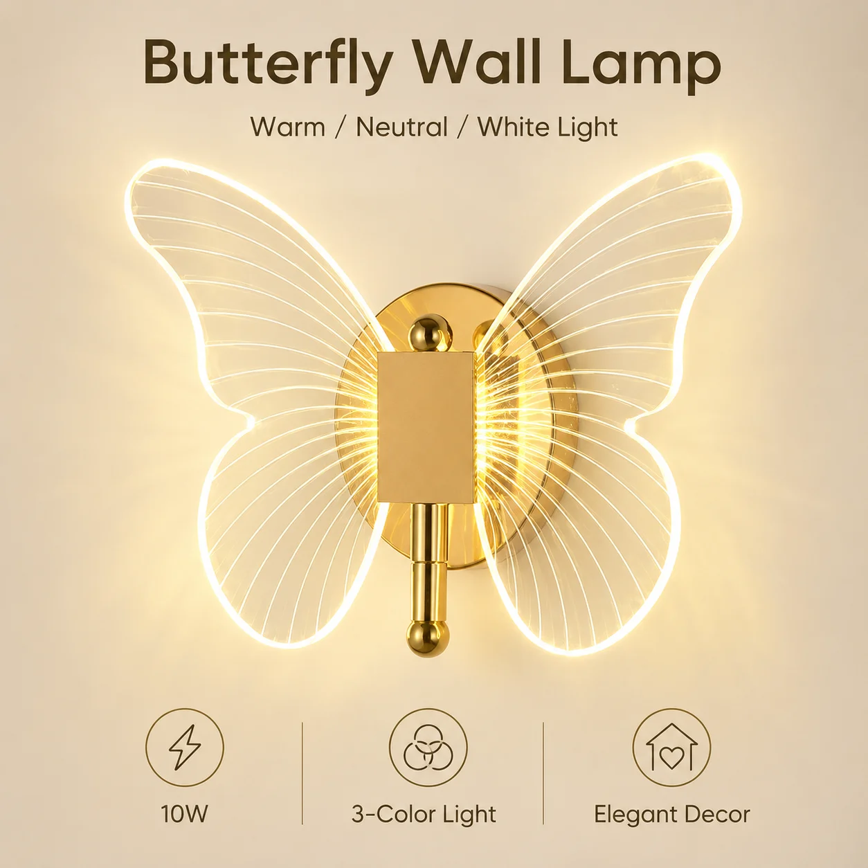 Butterfly LED Wall Lamp Interior Modern Metal Acrylic 220V Wired Wall Lamp Tricolor Adjustment Bedside Wall Light Sconces