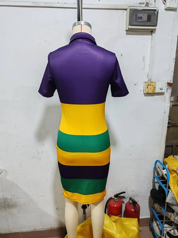 Elegante senhora contraste cor listrado vestido impresso 2025 verão feminino manga curta turn down collar bodycon casual t camisa vestido