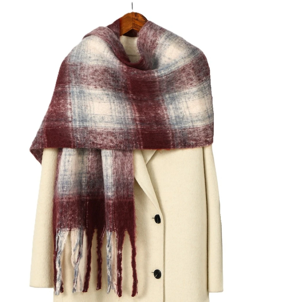 Women's Plaid Winter Shawl Wrap 200x40cm Oversized Warm Scarf Burgundy Red Blue Green Pink Coffee Polyester Material
