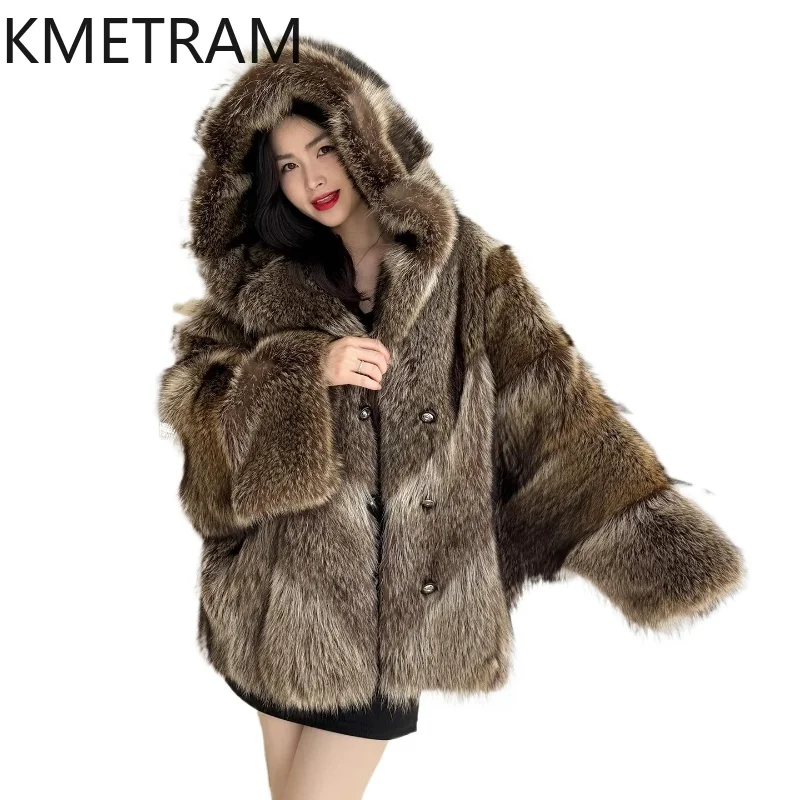 

KMETRAM Natural Raccoon Dog Fur Jacket Woman with Hood Batwing Sleeves Loose Real Fur Coat Winter Outerwears Women Clothing 2026