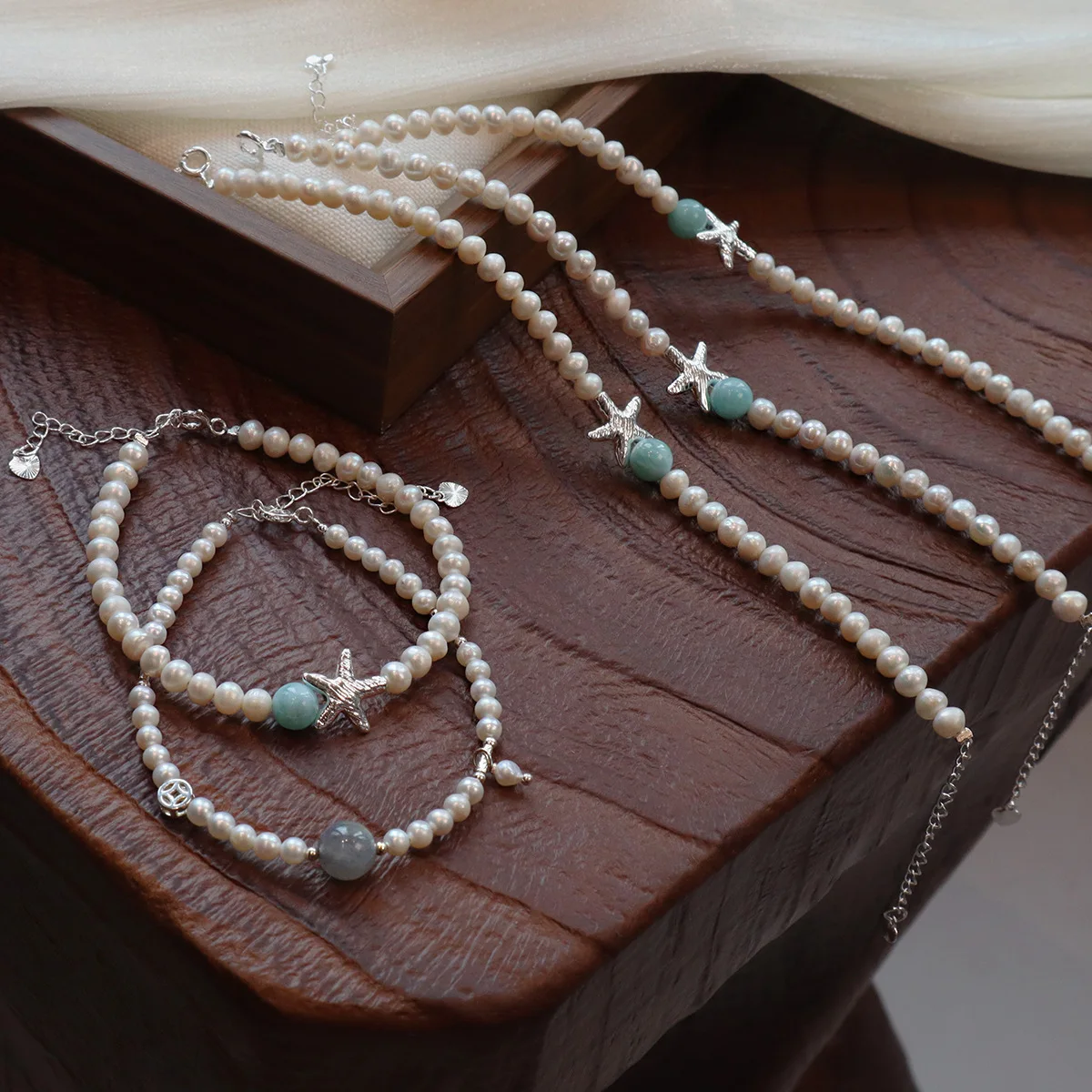 

Natural Freshwater Pearl Bracelets Larimar Starfish & Grey Moonstone Coin Charm Beaded Bangle Women's Luxury Jewelry Gift