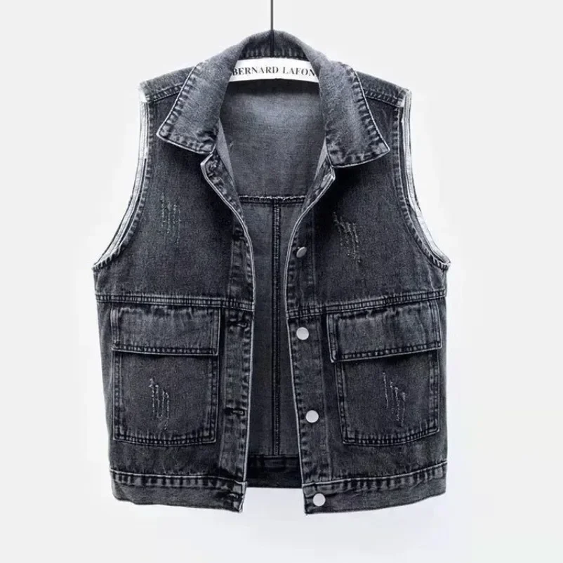 2024 Autumn Spring Loose Short Coat Causal Waistcoats Plus Size Women Denim Vest Fashion Ripped Blue Jeans Jacket Sleeveless TU