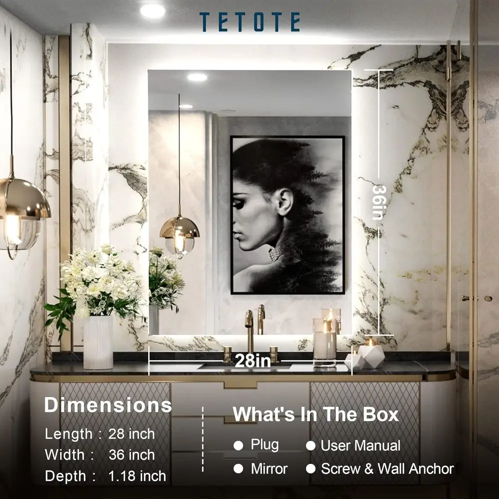 Miroir de courtoisie rétroéclairé 36 x 28 LED, éclairage tricolore, antibuée, variable, mural