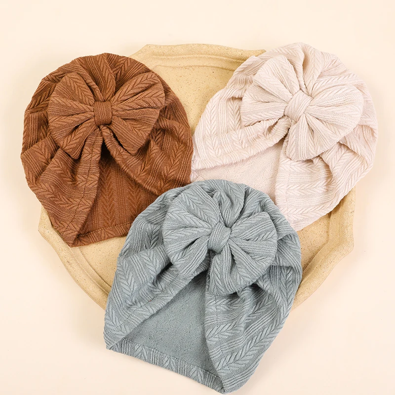 New Fashion Ribbed Bow Baby Turban Hat Infant Soft Elastic Beanies Cap Breathable Solid Color Baby Girl Bonnet Hats for Newborn