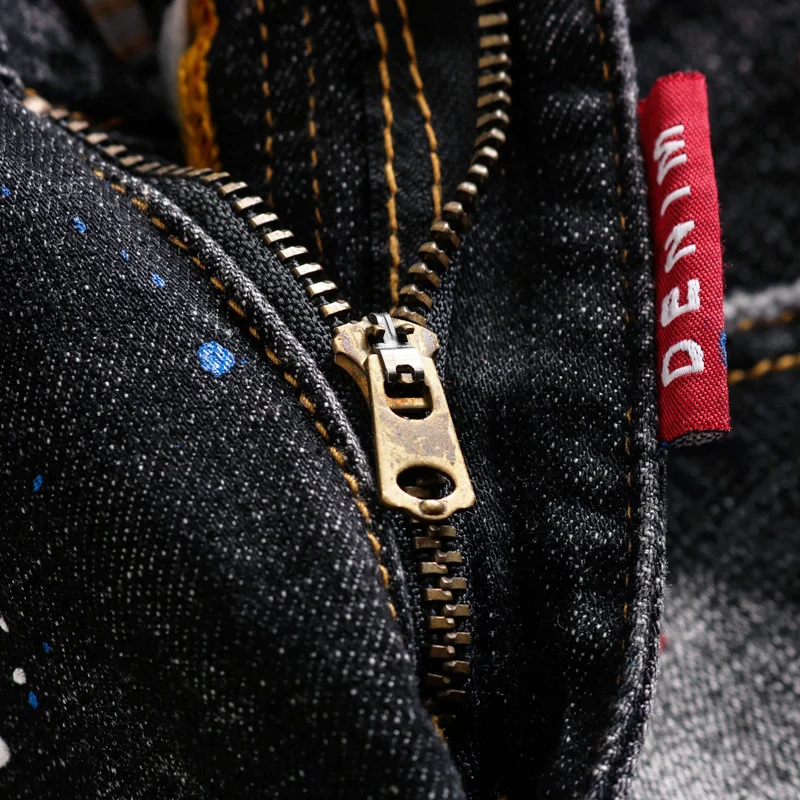 Fashion Vintage Men Jeans Retro Black Gray Stretch Slim Fit Painted Ripped Jeans Men Pocket Designer Spliced Hip Hop Denim Pants