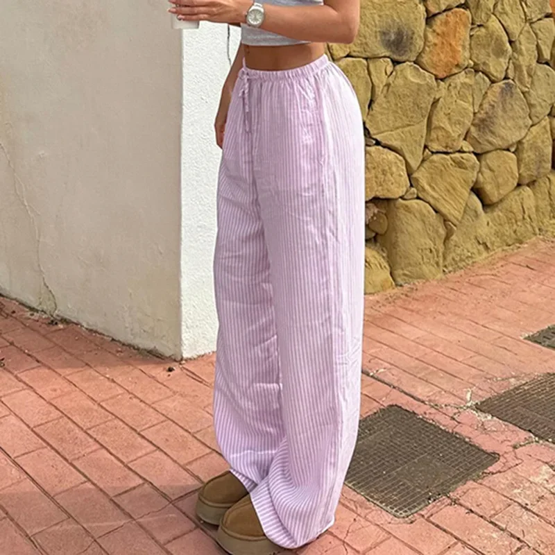 Women's Casual Striped Woven Wide Leg Pants Fall Winter 2025 Casual Stylish Full Length Trousers Y2K Clothes Streetwear