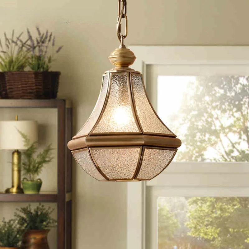 American Country Small Pendant Light All Copper Single Head Glass Restaurant Light Balcony Aisle Corridor Entrance Hanging Lamps