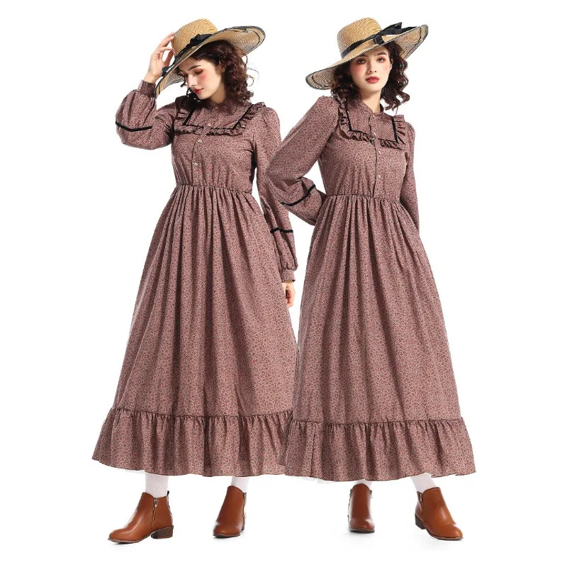 

Halloween Prairie Colonial Dress Brown Floral Victorian Pioneer Costume