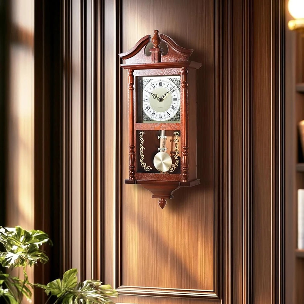 

Vintage wall clock with pendulum and bells, rubberwood frame, large vintage living room wall clock, home décor gifts