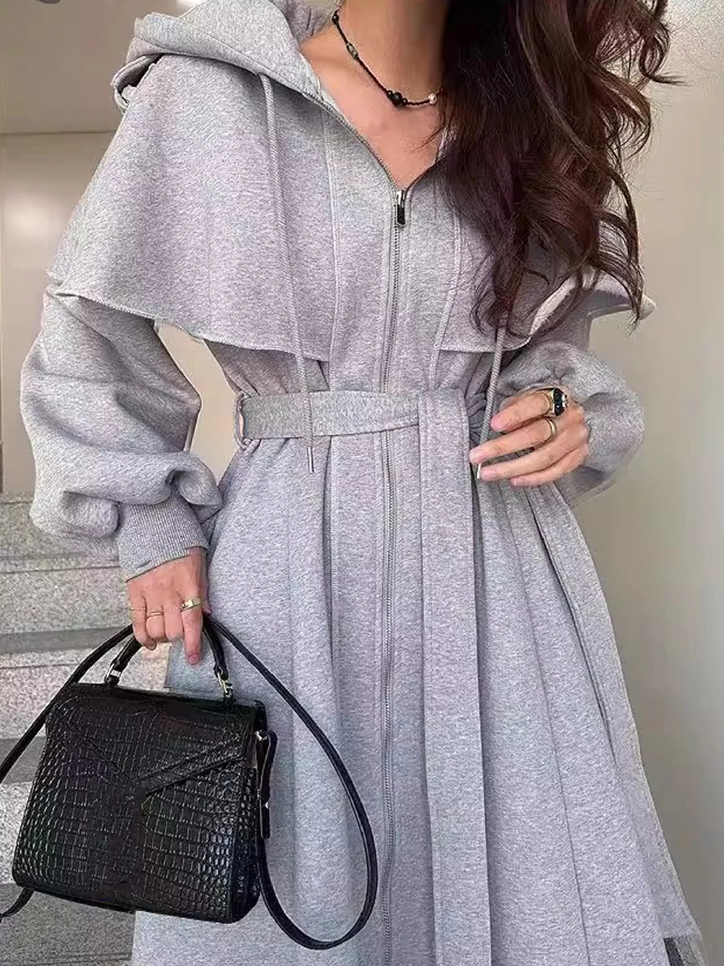 

New Winter Vintage Cape-style Grey Hooded Hoodie Cardigan Mid-length Zip-up Casual Outerwear Drawstrings Korean Women's Tops