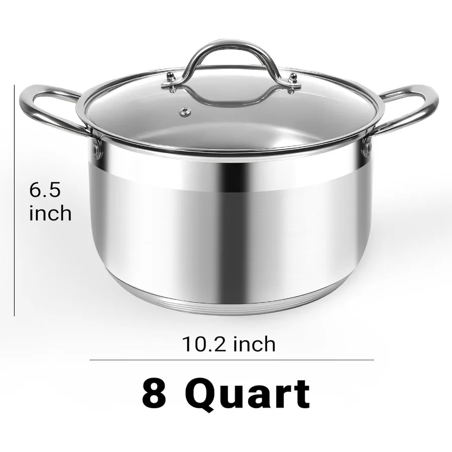 8 Quart Heavy Duty Stainless Steel Stock Pot with Visible Lid for Pasta Soup Spaghetti Nonstick Thick Bottom Cooking Vessel Ide