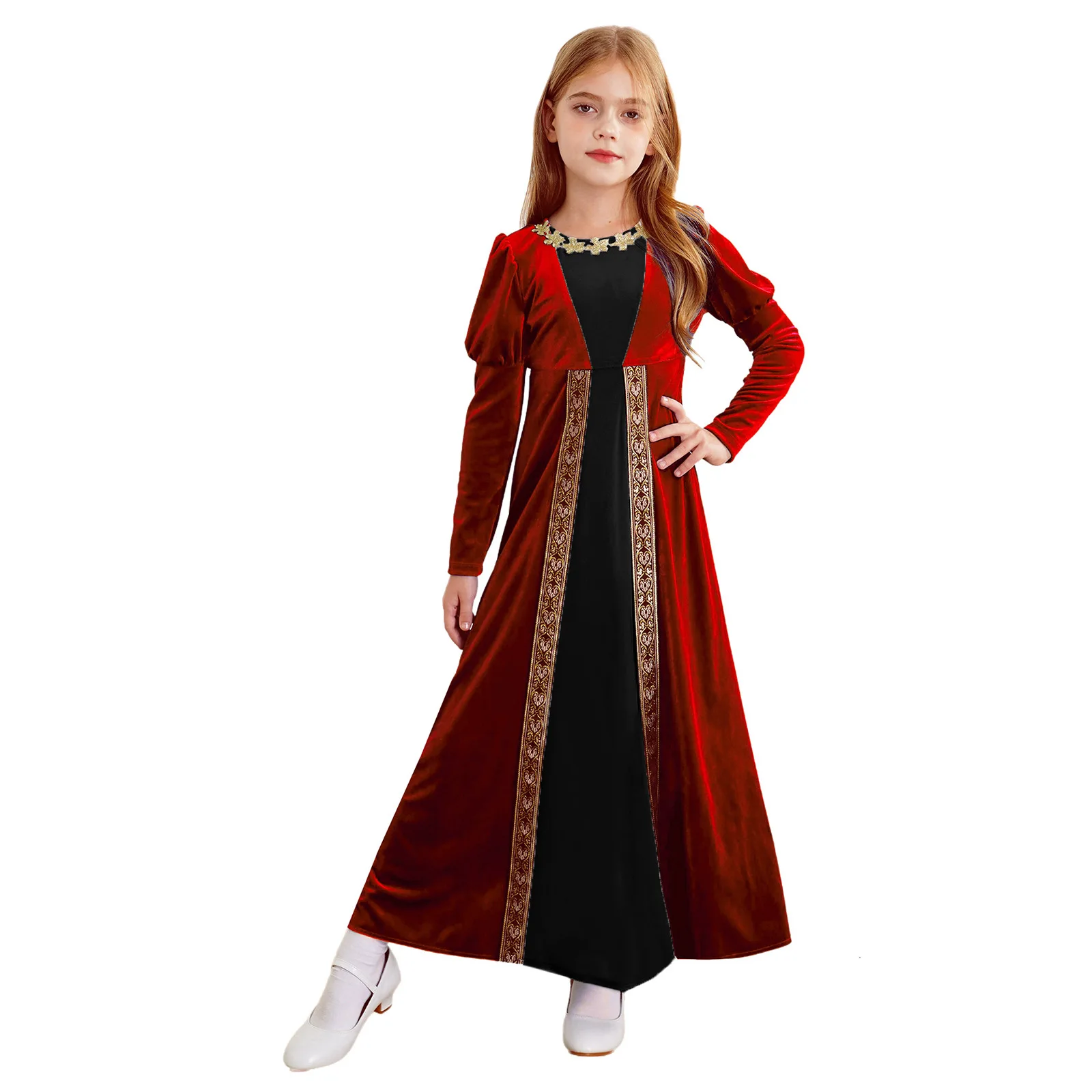 Kids Girls Medieval Renaissance Cosplay Costume Halloween Velvet Dress Long Sleeve Retro Princess Ancient Roman Party Dress Up