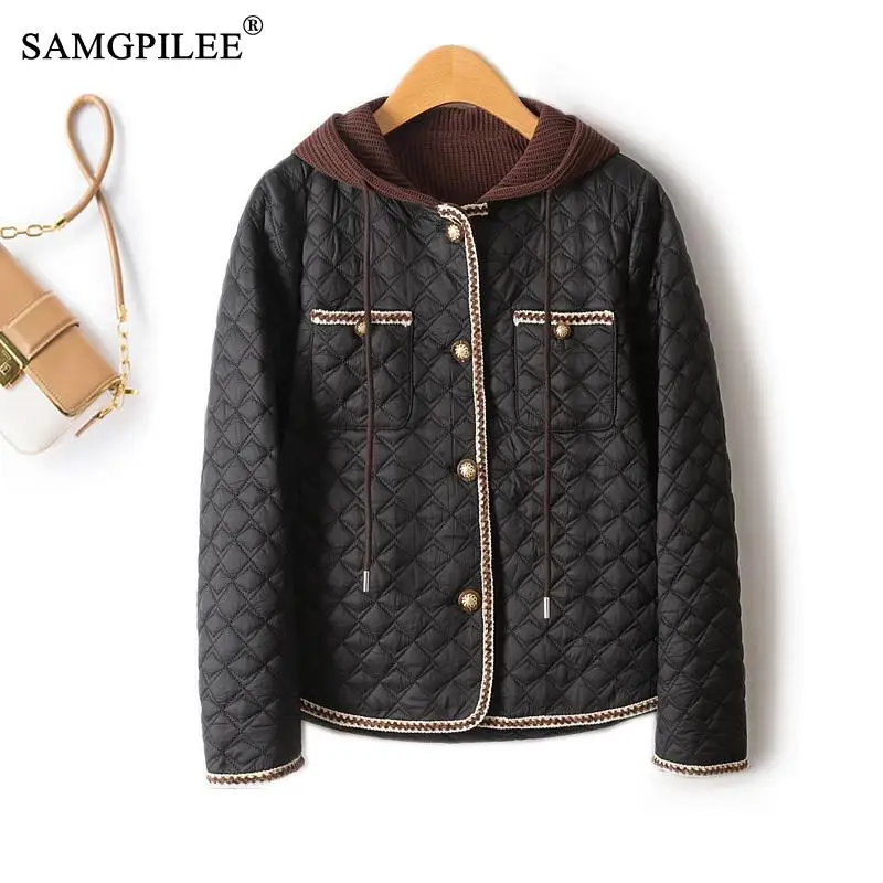 

Korean Reviews Many Clothes Contrast Knitted Hooded Patchwork Rhombus Single Breasted Quilted Short Lightweight Padded Jackets