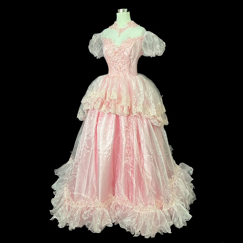 Anxin sh Vintage Prinzessin rosa Blume Spitze Illusion o Hals Perlen Perlen kurze Puff ärmel Rüschen schnüren antike Hochzeits kleid