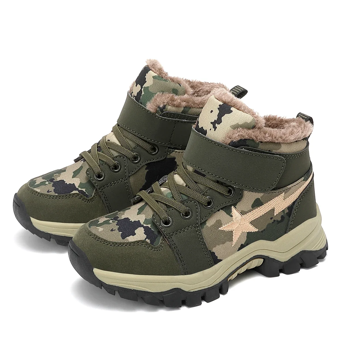 Top medio mimetico verde militare per bambini con stivali da neve in cotone e stivali per bambini in velluto Scarpe invernali in cotone caldo per bambini