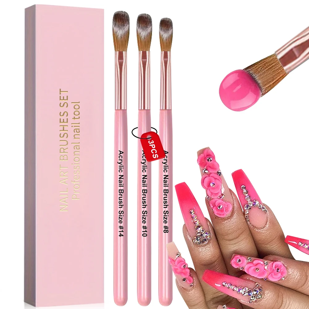 3Pcs/kit Professional Acrylic Nail Brush Set #8/#10/#14Acrylic Nail Art Brushes 1*Set Pink Handle Fast-Dry Acrylic Powder Brush
