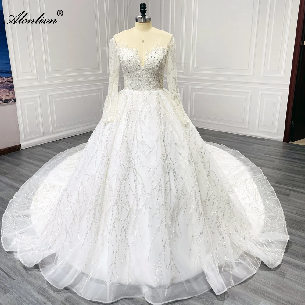 Alonlivn Gorgeous Sparkle Lace Ball Gown Wedding Dresses With Delicate Beading Full Sleeve