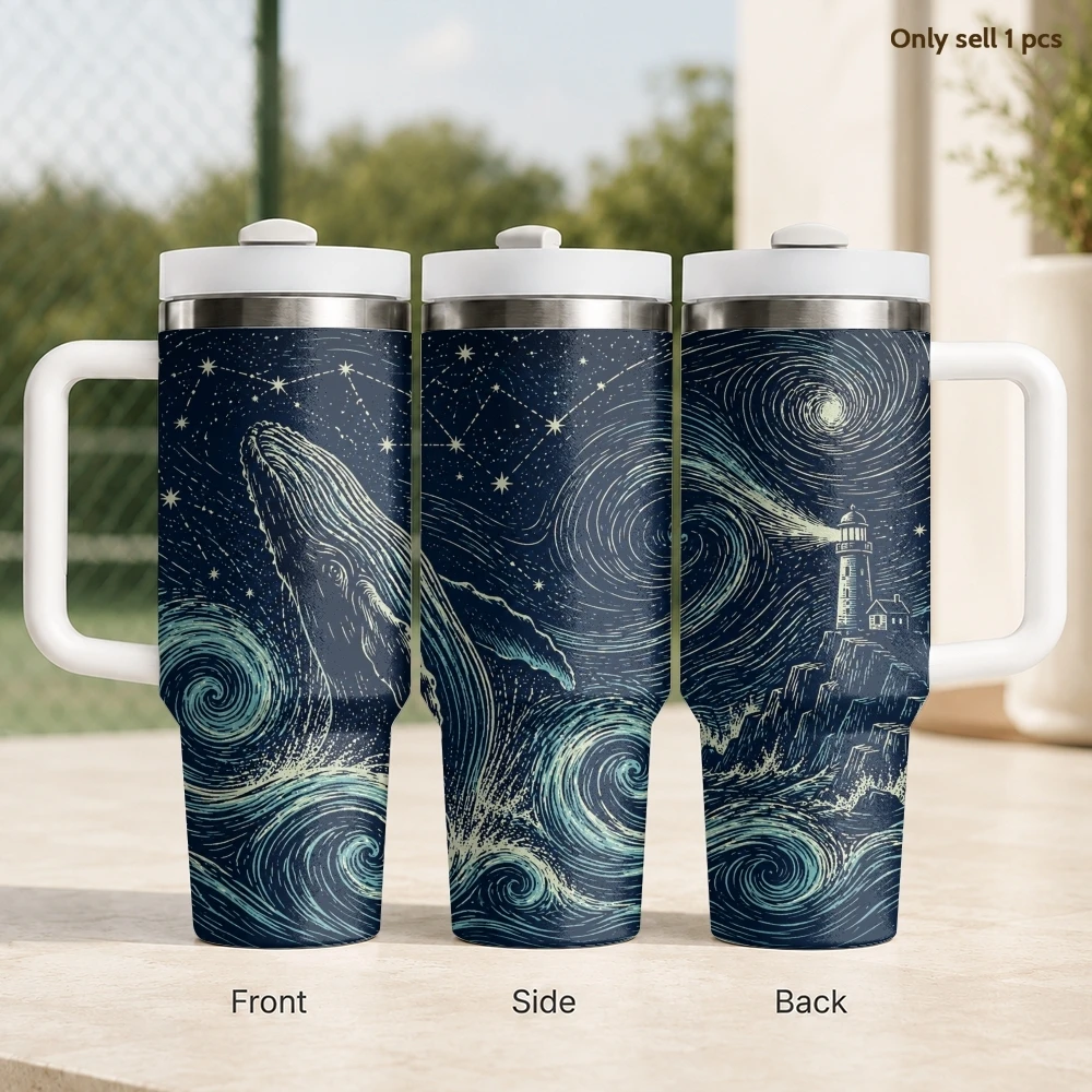 Starry Night Forest Animals Vacuum Flasks 40oz Stainless Steel Insulated Tumbler with Handle Straw Leakproof Cup Travel Mug